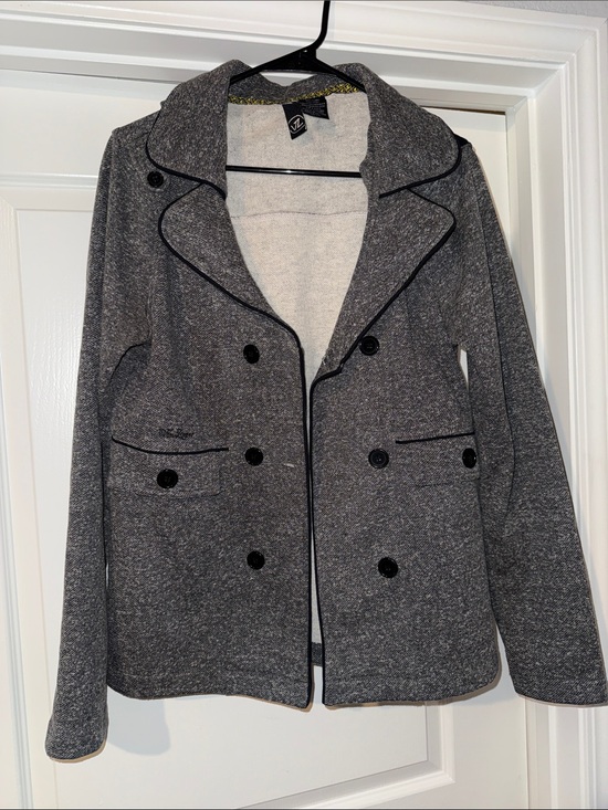 Vonzipper Jackets & Blazers - Women's Double-Breasted Gray Pea Coat with Black Piping